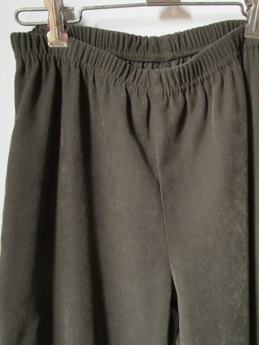 Olive green plush pullup slacks, high waist, wide leg. PS VintageBlue.